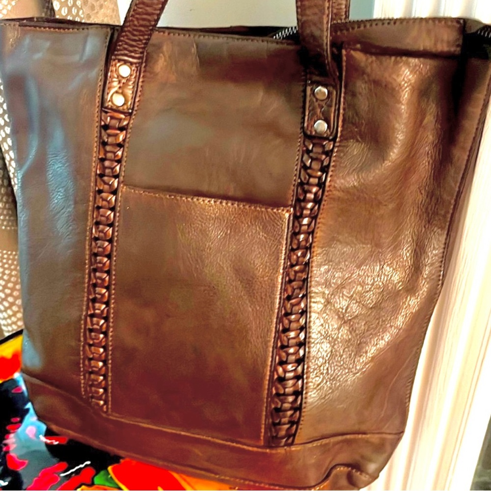 Vilenca Holland Leather Tote Shopper Bag Woven Detail Cognac  NWT 12”X11”X4” - Picture 2 of 8